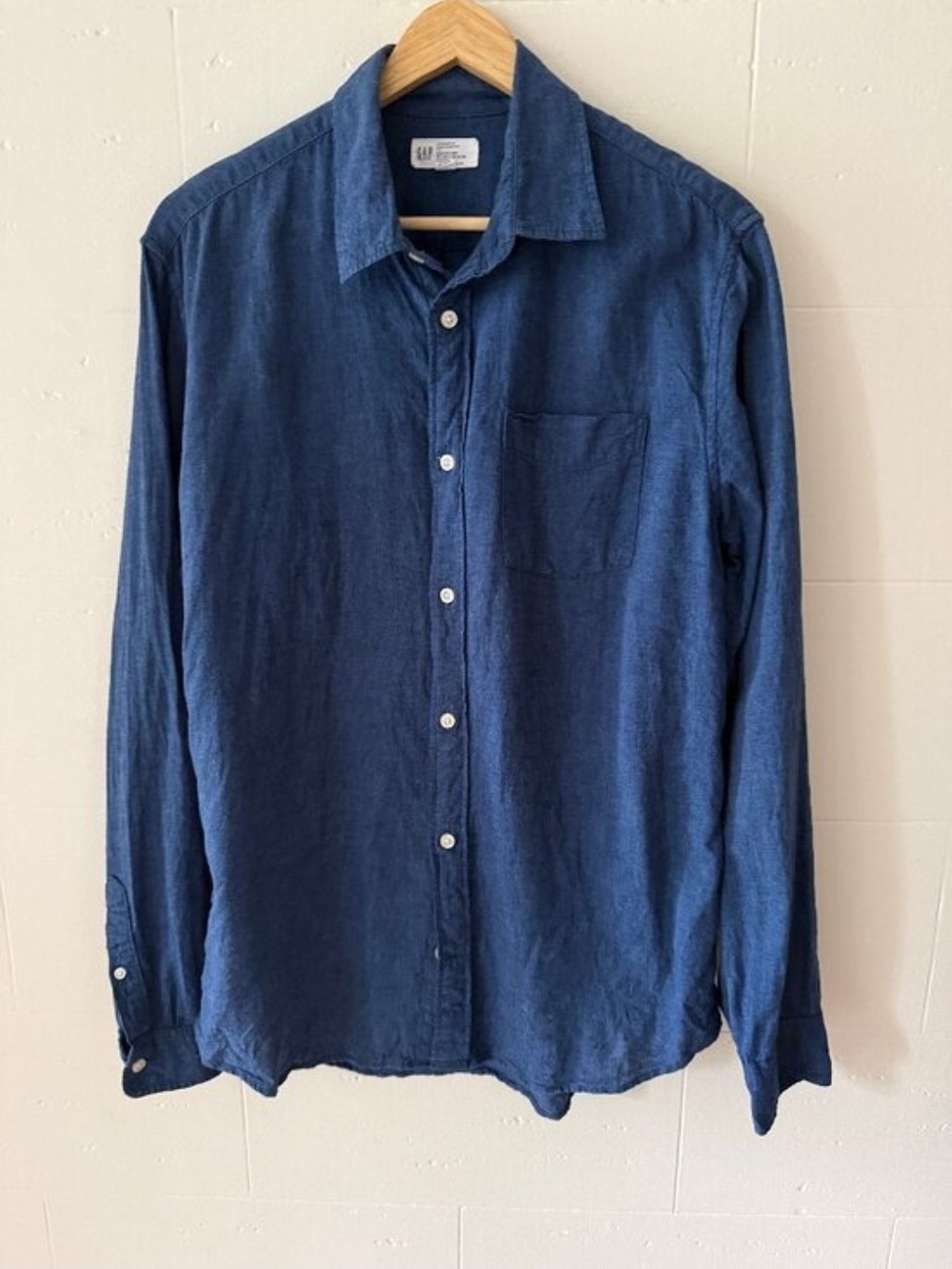 Linen Cotton Chambray Button Down Shirt GAP Standard Fit M Blue